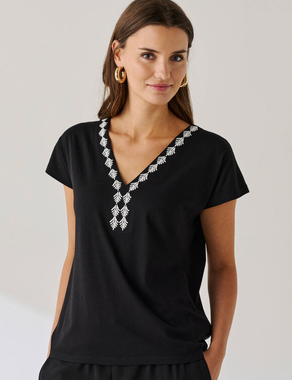 T-shirt brod&eacute; col V fantaisie  (noir / &eacute;cru)