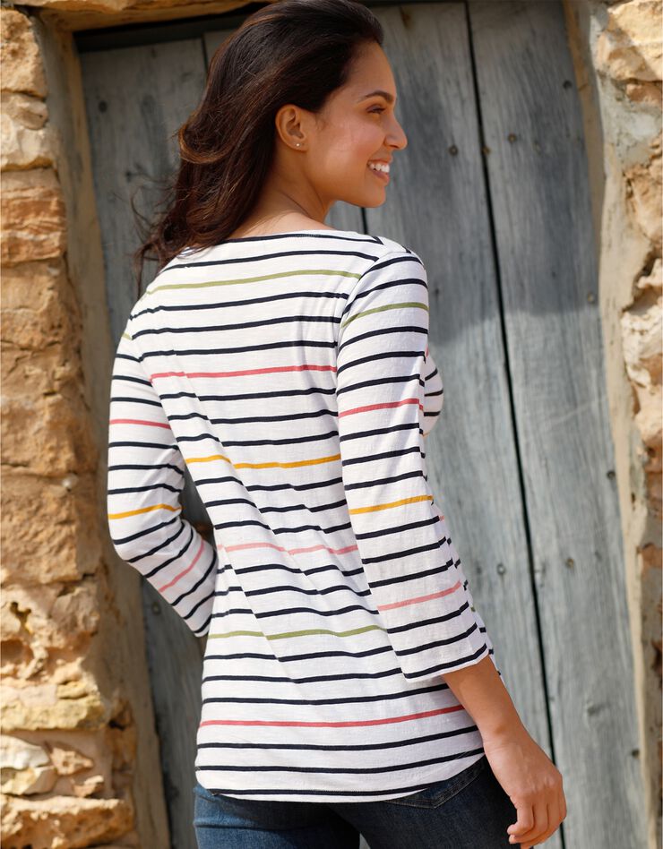 Tee-shirt marinière, manches 3/4 (blanc / multicolore) Tee-shirt marinière, manches 3/4 (blanc / multicolore)