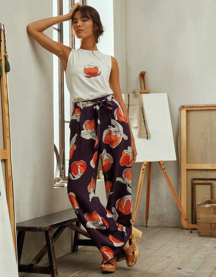 Pantalon fluide imprimé, collection "Odette Lepeltier" (prune / terracotta) Pantalon fluide imprimé, collection "Odette Lepeltier" (prune / terracotta)