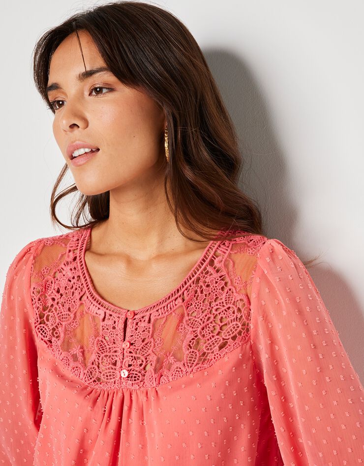 Blouse macramé unie, voile plumetis (corail) Blouse macramé unie, voile plumetis (corail)