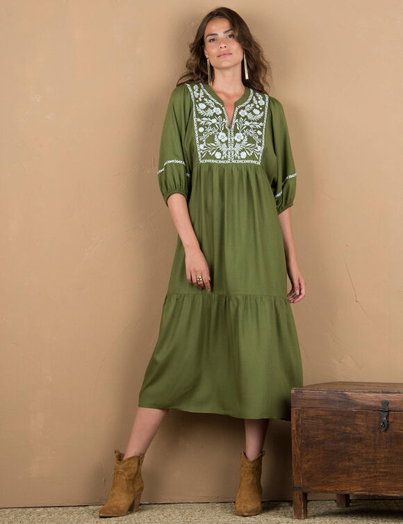 Robe longue manches coudes, broderies contrastées (kaki)