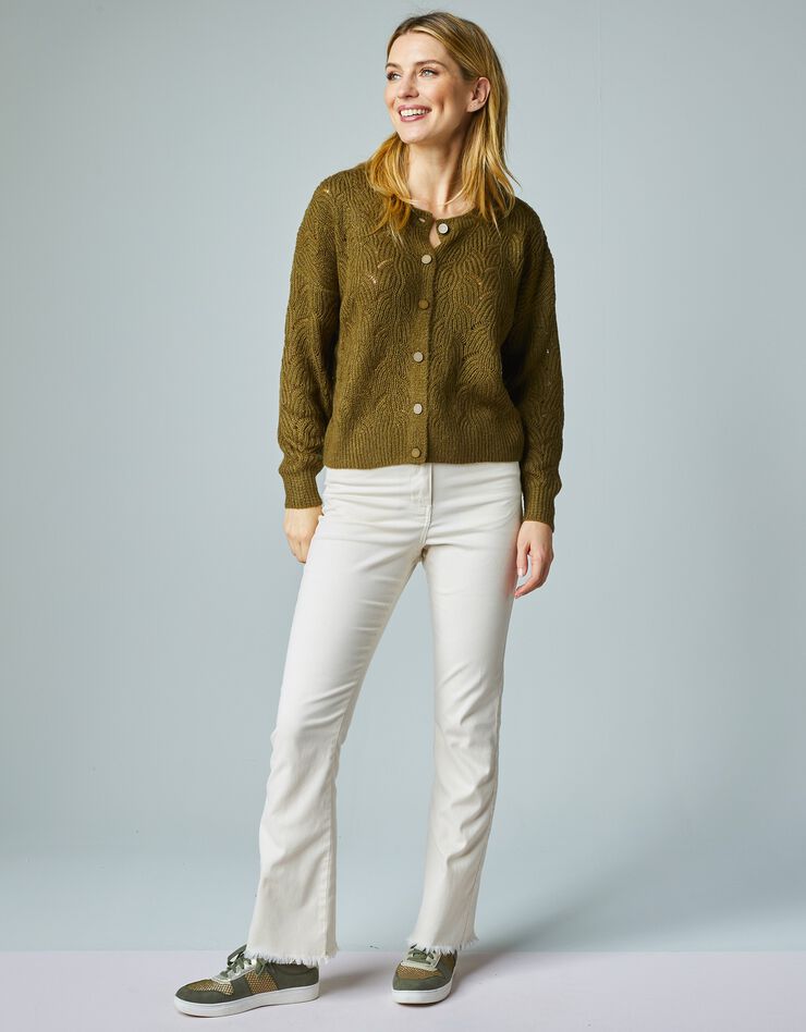 Gilet boutonné col rond maille fantaisie ajourée (vert olive) Gilet boutonné col rond maille fantaisie ajourée (vert olive)