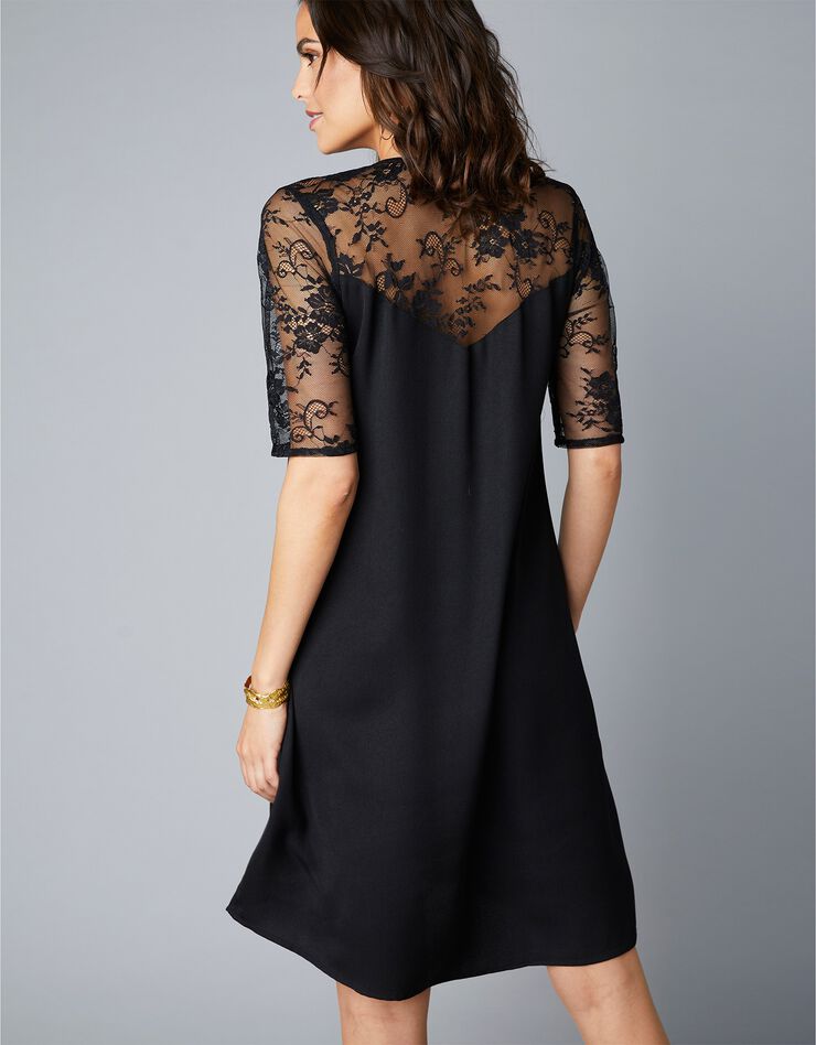 Robe évasée unie à manches coudes dentelle (noir) Robe évasée unie à manches coudes dentelle (noir)
