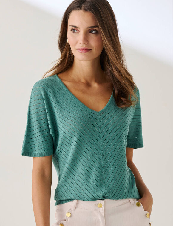 Pull manches courtes maille ajour&eacute;e effet chevron  (vert gris&eacute;)
