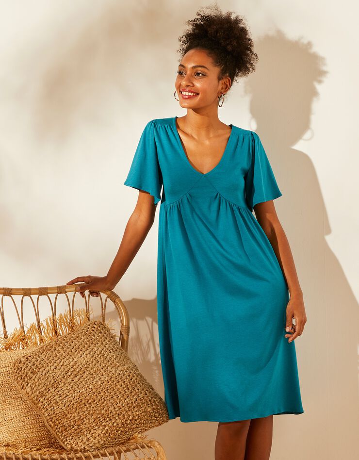 Robe ample froncée à manches courtes (bleu paon) Robe ample froncée à manches courtes (bleu paon)