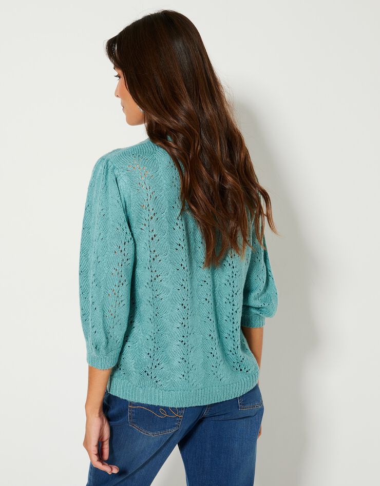 Gilet col V, maille ajourée toucher mohair (vert grisé) Gilet col V, maille ajourée toucher mohair (vert grisé)