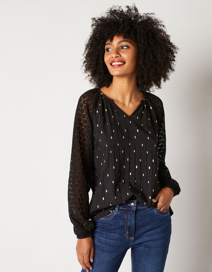 Blouse imprimée manches dentelle (noir / doré) Blouse imprimée manches dentelle (noir / doré)