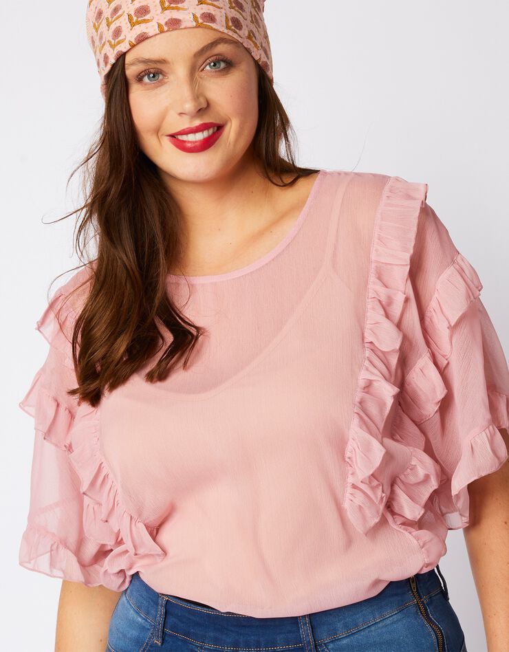 Blouse volantée en voile manches courtes - rose poudré (rose poudré)