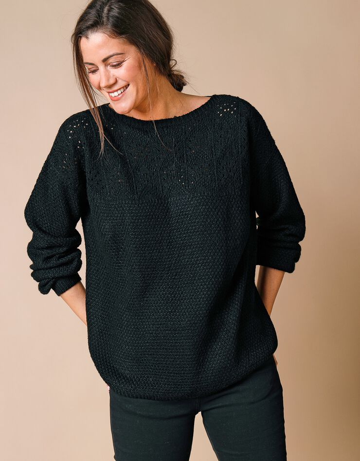 Pull col bateau, maille ajourée toucher mohair (noir) Pull col bateau, maille ajourée toucher mohair (noir)