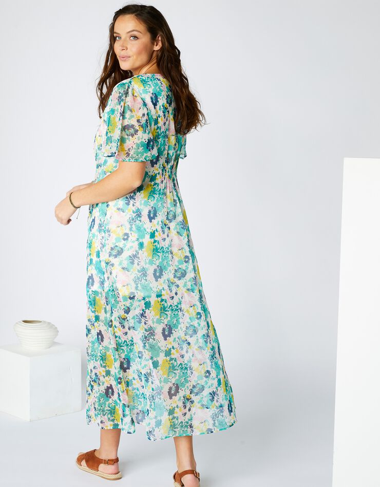 Robe longue imprimée manches papillon, voile (écru / vert) Robe longue imprimée manches papillon, voile (écru / vert)