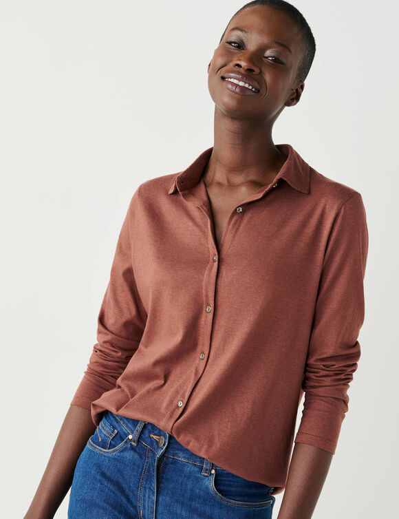 T-shirt boutonn&eacute; manches longues, col polo (chocolat)