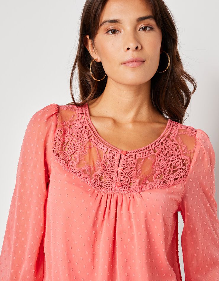 Blouse macramé unie, voile plumetis (corail) Blouse macramé unie, voile plumetis (corail)
