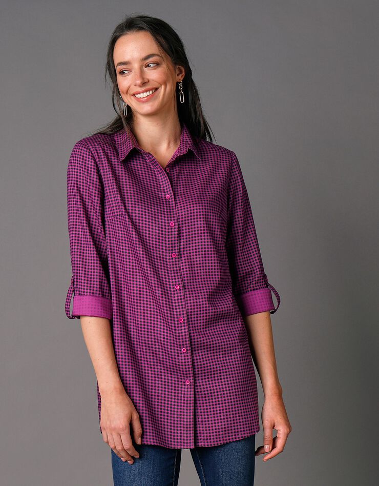 Chemise liquette boutonnée imprimé carreaux, crêpe (noir / violine) Chemise liquette boutonnée imprimé carreaux, crêpe (noir / violine)