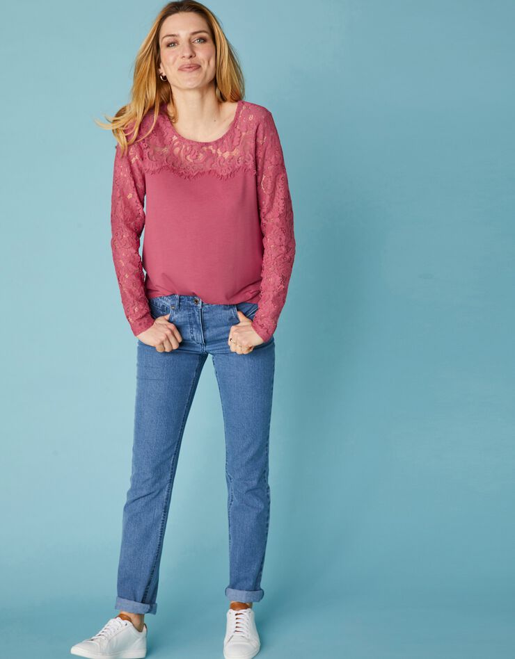 Tee-shirt col rond manches longues, dentelle jersey (bois de rose) Tee-shirt col rond manches longues, dentelle jersey (bois de rose)