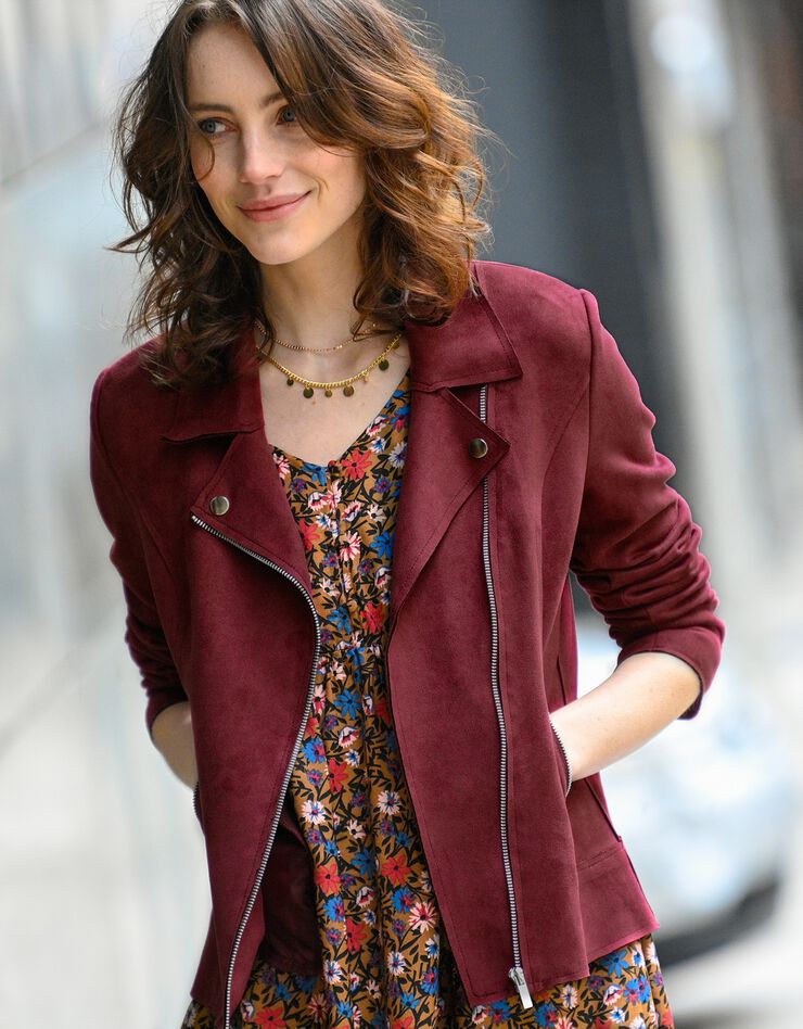 Blouson zippé suédine col tailleur pressionné (bordeaux) Blouson zippé suédine col tailleur pressionné (bordeaux)