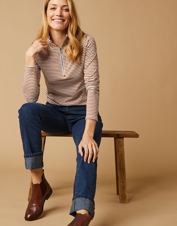 Tee-shirt col montant zippé rayé (noisette / blanc)