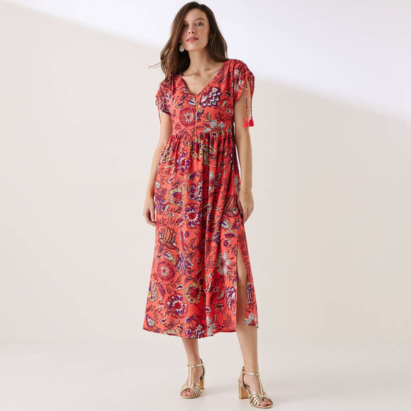 Robe longue imprim&eacute;e (corail / rouge)