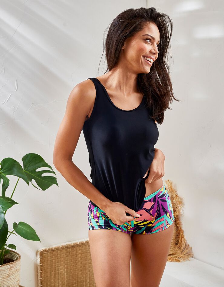 Boxer de bain imprimé tropical Paliki - ventre plat (noir / violine) Boxer de bain imprimé tropical Paliki - ventre plat (noir / violine)