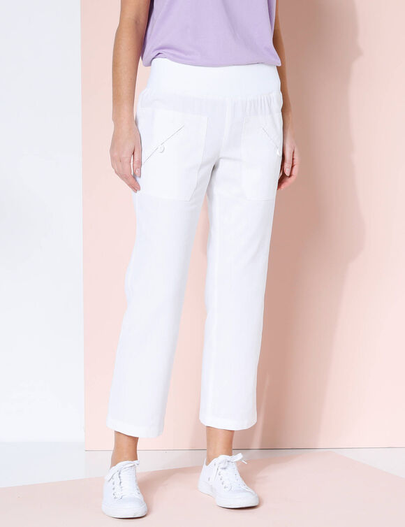 Pantalon coupe droite 7/8ème taille élastiquée, lin coton (blanc)