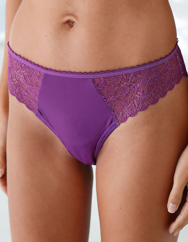 Culotte forme tanga microfibre et dentelle stretch - lot de 2 (violine)