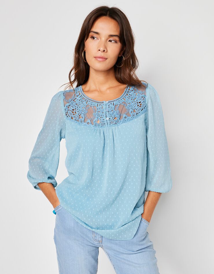 Blouse macramé unie, voile plumetis (bleu grisé) Blouse macramé unie, voile plumetis (bleu grisé)