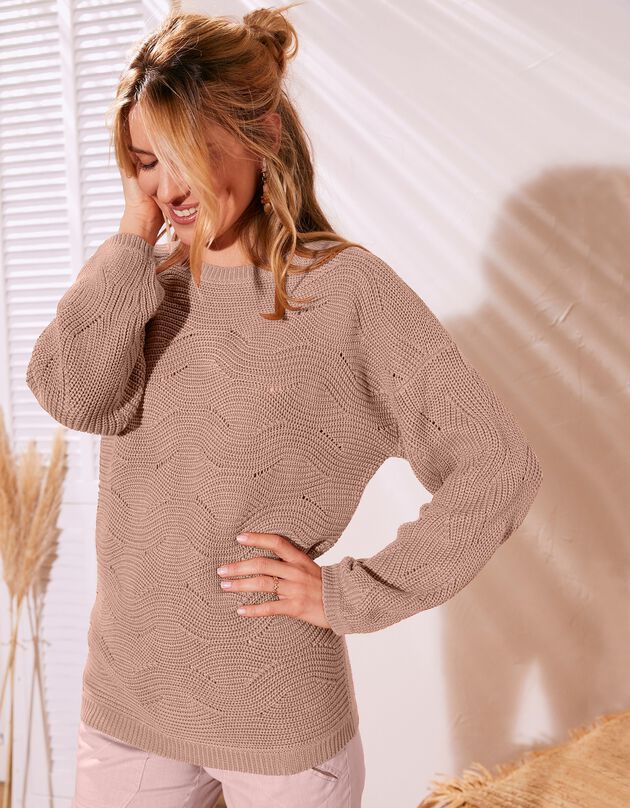 Pull manches longues, maille fantaisie (noisette)