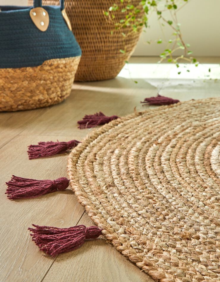 Tapis jute finition pompons - rond (bordeaux) Tapis jute finition pompons - rond (bordeaux)