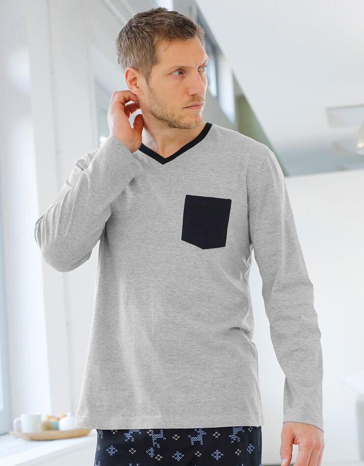 Tee-shirt pyjama bicolore manches longues (gris chiné) Tee-shirt pyjama bicolore manches longues (gris chiné)