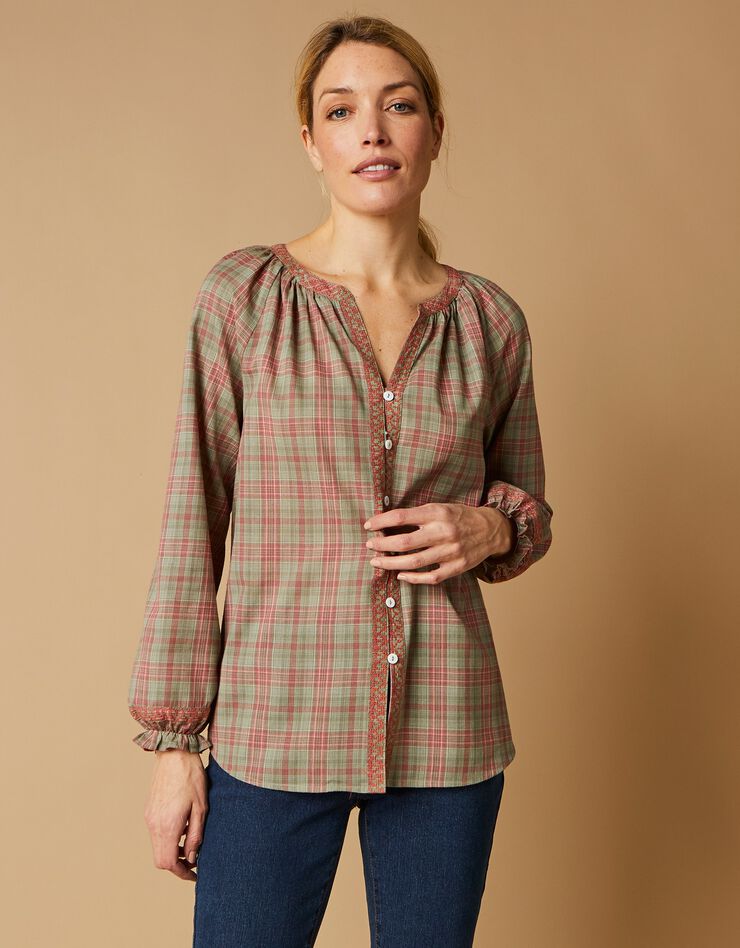 Blouse boutonnée brodée imprimée carreaux (kaki / rose) Blouse boutonnée brodée imprimée carreaux (kaki / rose)