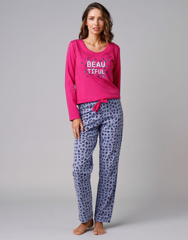 Tee-shirt manches longues coton uni imprimé placé "Beautiful" (fuchsia) Tee-shirt manches longues coton uni imprimé placé "Beautiful" (fuchsia)