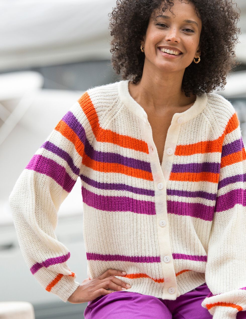 Gilet cardigan rayé court boutonné col rond - Ecru - Femme - 57.99