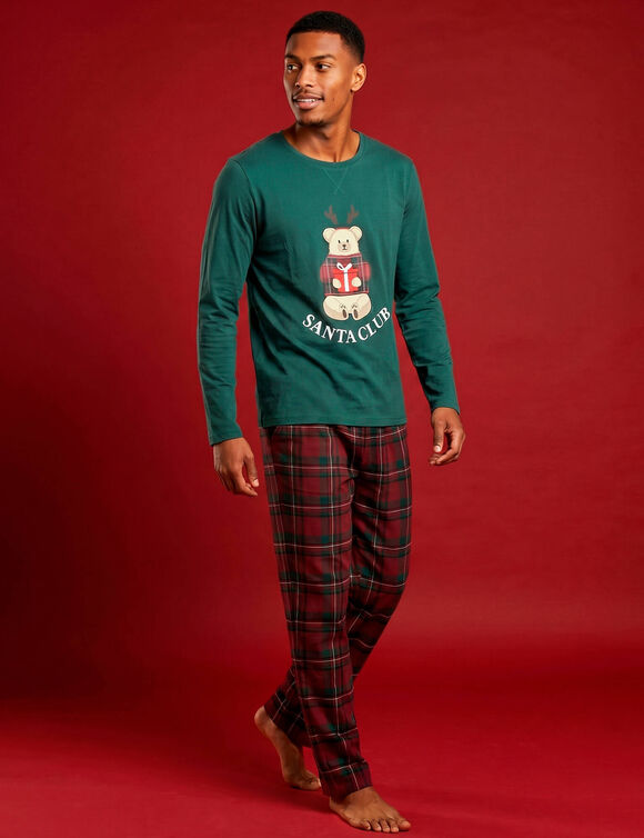 Pyjama pantalon homme, esprit No&euml;l en coton flanelle, avec son pochon (rouge / vert)