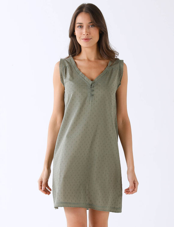 Chemise de nuit l&eacute;g&egrave;re en voile de coton effet plumetis, sans manches (kaki)