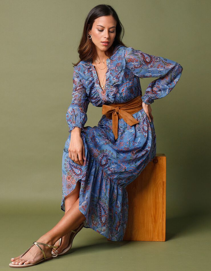 Robe longueur midi volantée en voile imprimé (bleu)