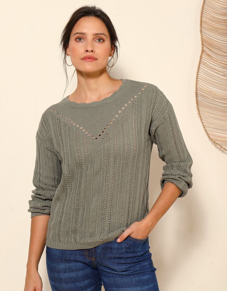 Pull col festonné, maille ajourée fantaisie (kaki) Pull col festonné, maille ajourée fantaisie (kaki)