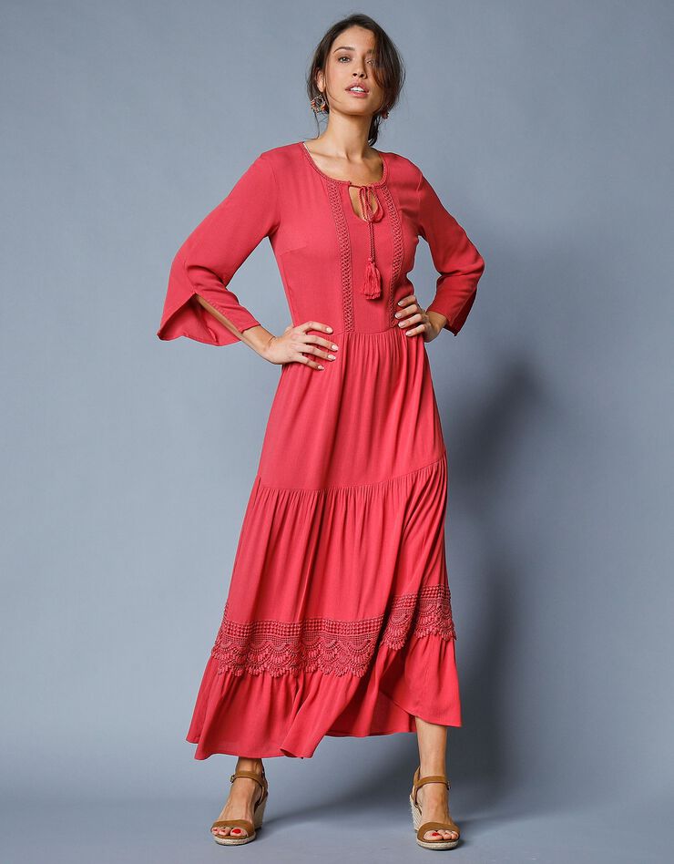 Robe longue unie manches 3/4 fendues, crépon (bois de rose)