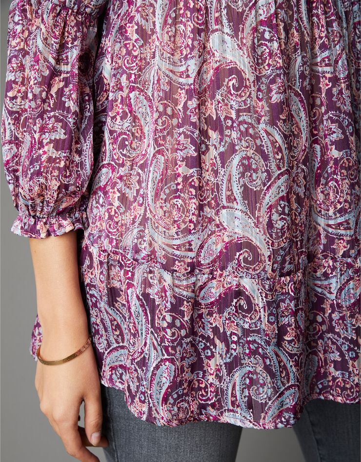 Blouse en voile de satin imprimé, rayures argentées, manches 3/4 (bordeaux) Blouse en voile de satin imprimé, rayures argentées, manches 3/4 (bordeaux)
