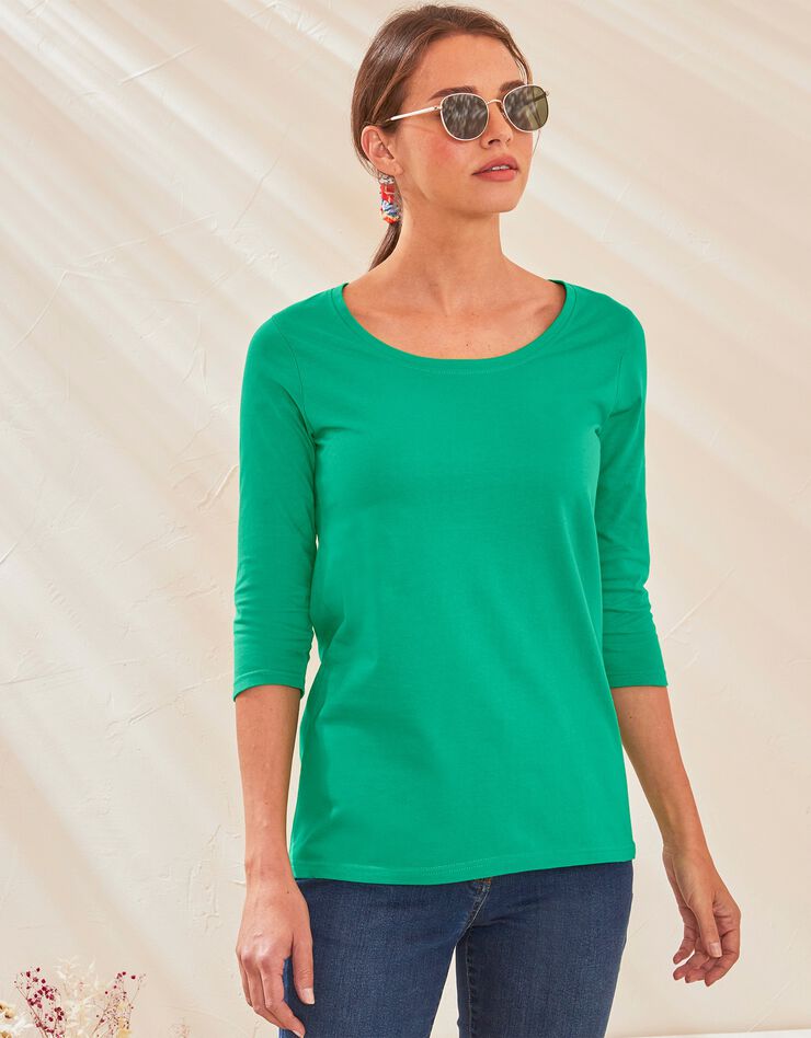 Tee-shirt manches 3/4 col rond uni coton (vert) Tee-shirt manches 3/4 col rond uni coton (vert)
