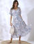 Robe col V, voile imprimé (écru / bleu)