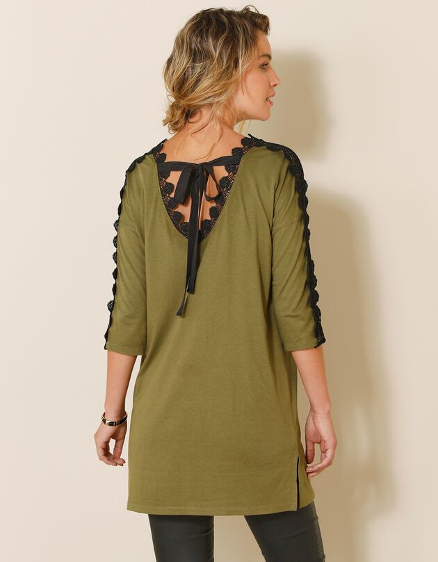Tunique dos V dentelle - manches 3/4 (vert mousse / noir)