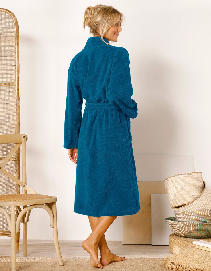 Peignoir mixte adulte col châle éponge bouclette (bleu paon)