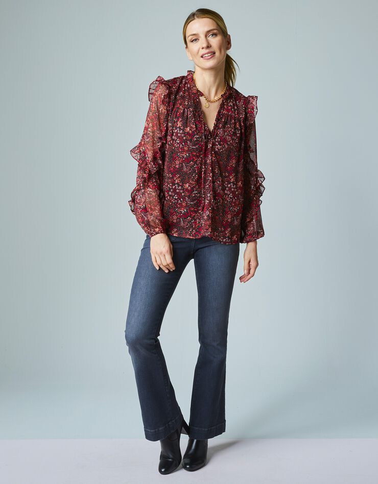 Blouse fleurie automnale en voile volanté (noir / terracotta) Blouse fleurie automnale en voile volanté (noir / terracotta)