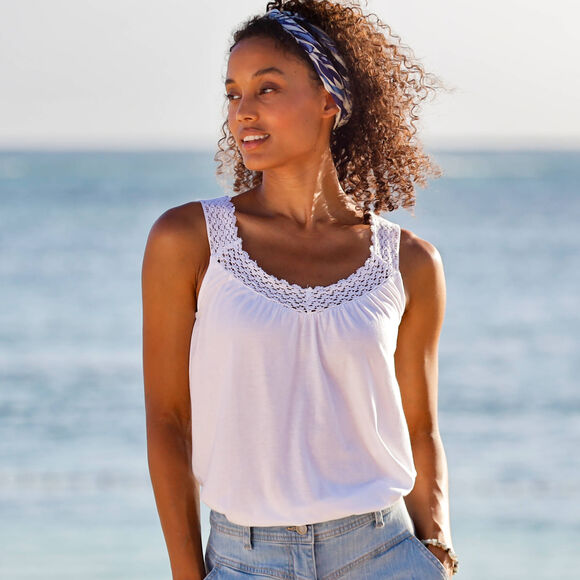 D&eacute;bardeur macram&eacute;, coton-viscose (blanc)