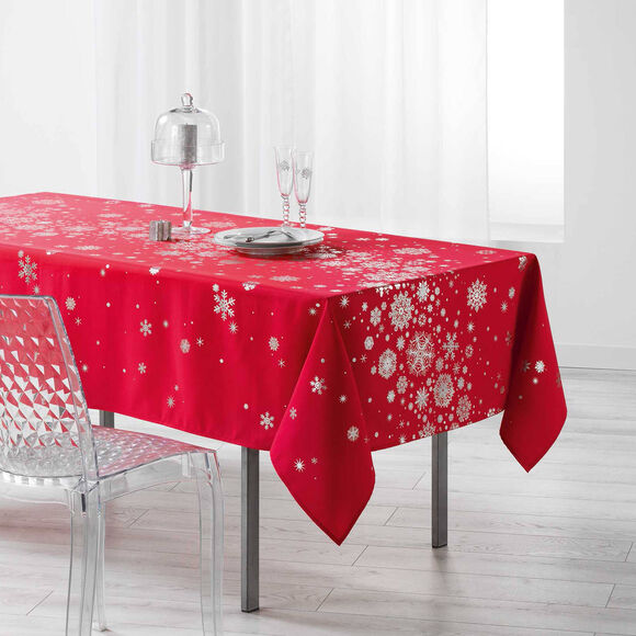 Nappe imprim&eacute;e flocons argent&eacute;s (rouge / argent&eacute;)