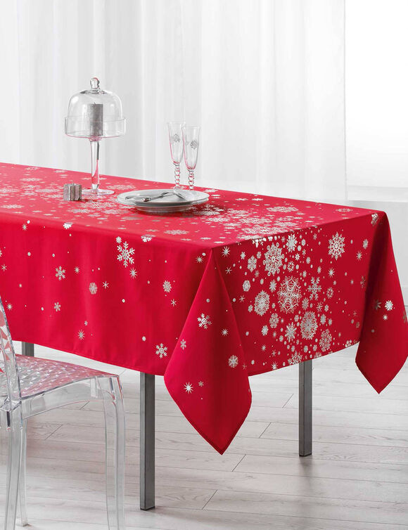 Nappe imprim&eacute;e flocons argent&eacute;s (rouge / argent&eacute;)
