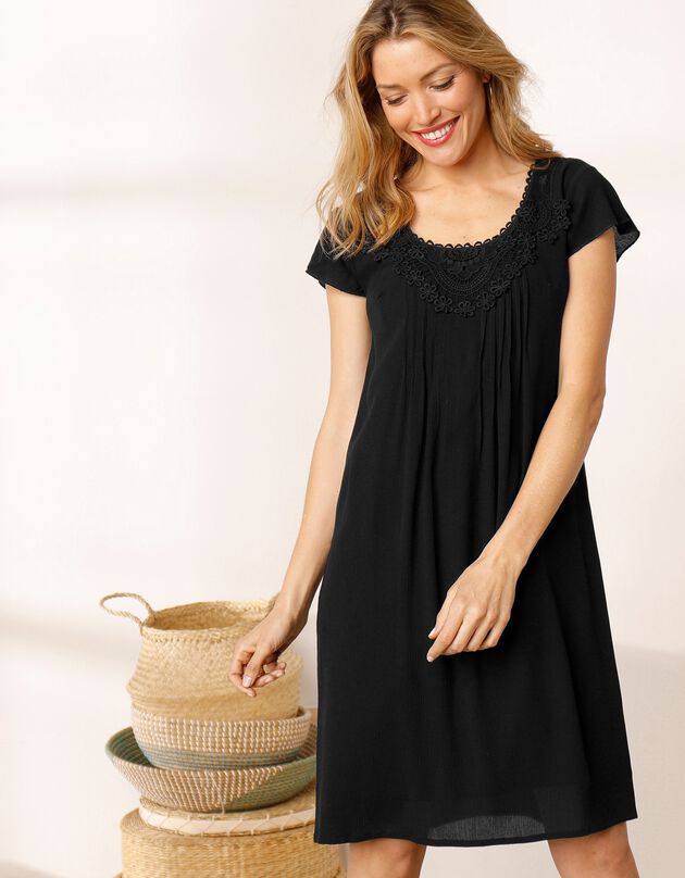 Robe macramé unie, crépon (noir)