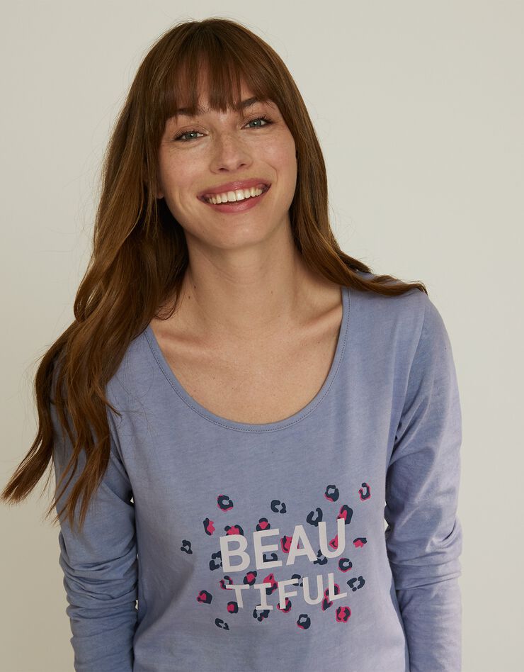 Tee-shirt manches longues coton uni imprimé placé "Beautiful" (bleu) Tee-shirt manches longues coton uni imprimé placé "Beautiful" (bleu)