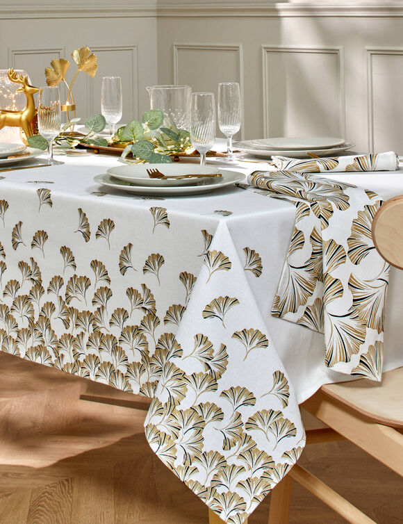 Nappe coton, imprim&eacute;e m&eacute;tallis&eacute; gingko (blanc / dor&eacute;)