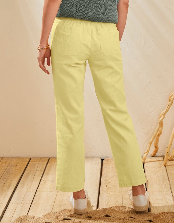 Pantalon coupe droite 7/8ème taille élastiquée, lin coton (anis)