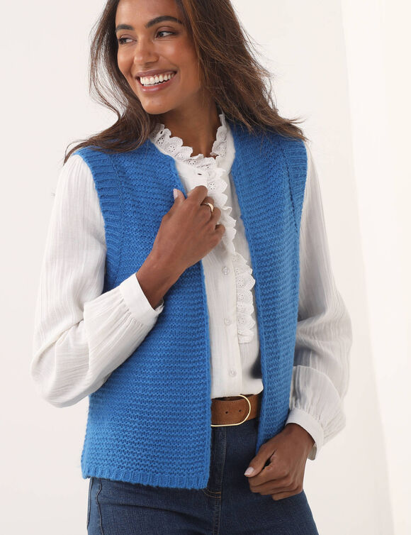 Gilet col rond sans manches, point mousse (bleu azur)